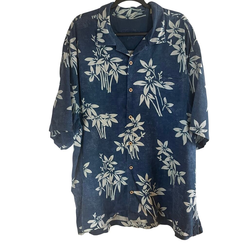 Tommy Bahama 100% silk Blue Tropical Aloha Hawaiian Short Sleeve Shirt XXL